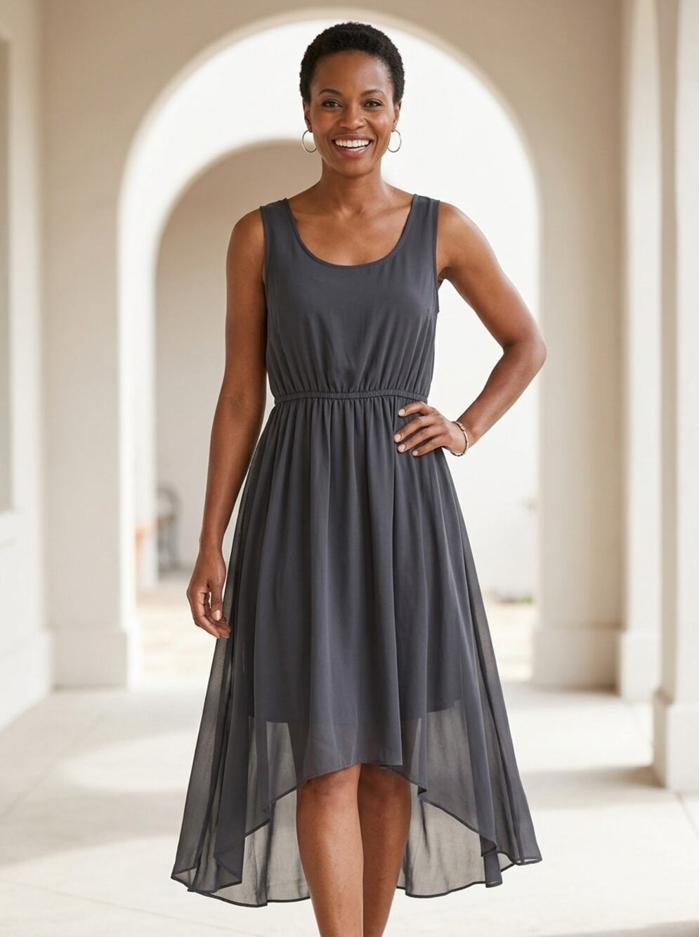 Ali & Kris Gray Scoop Neck Asymmetrical Hem Chiffon Dress Women Size L